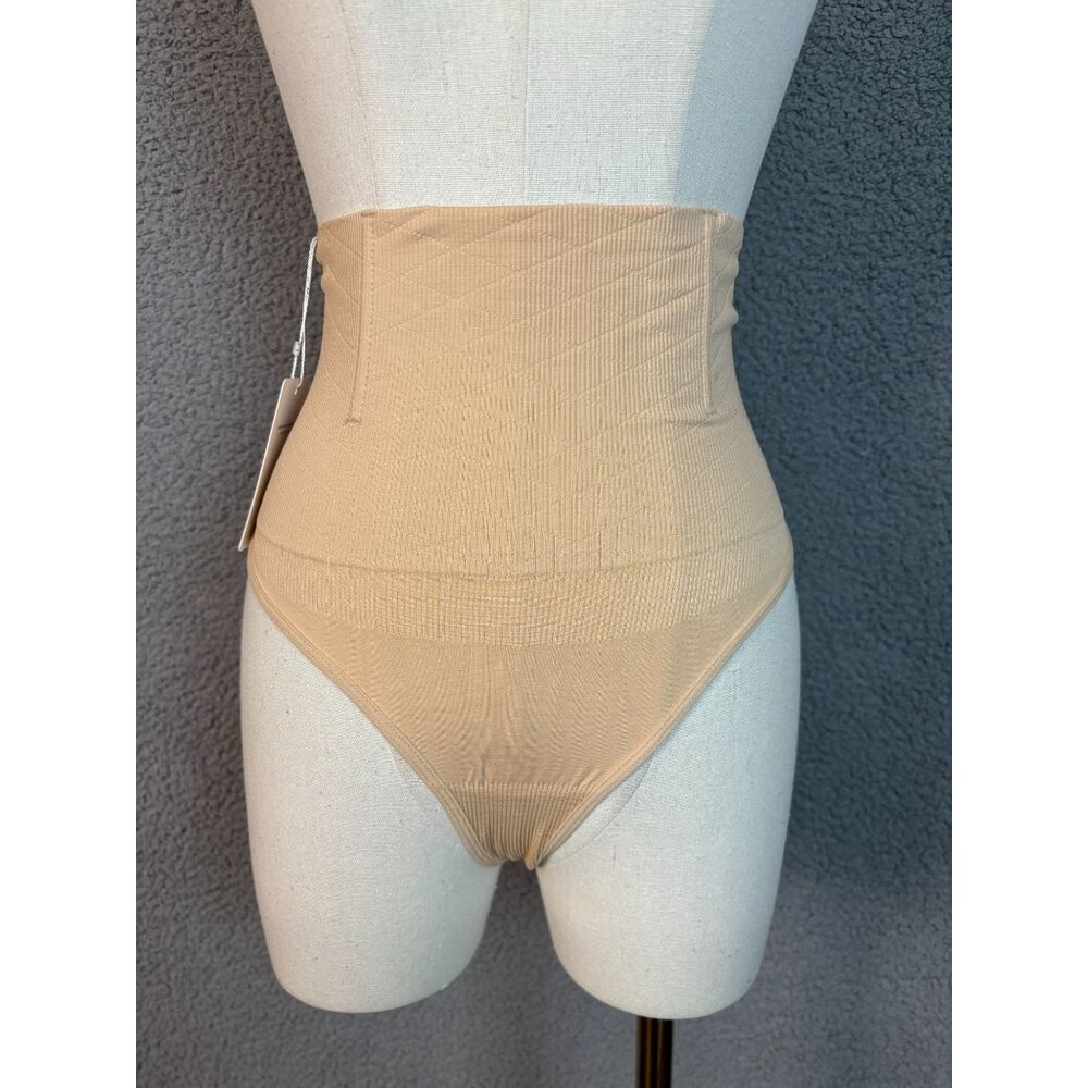 Reoria Women's High-Waisted Beige Thong Shapewear Ribbed Tummy Control Sm. NWT's
